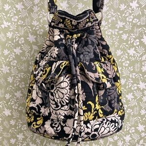 Vera Bradley Black White Yellow Floral Bucket Crossbody Shoulder Bag Purse
